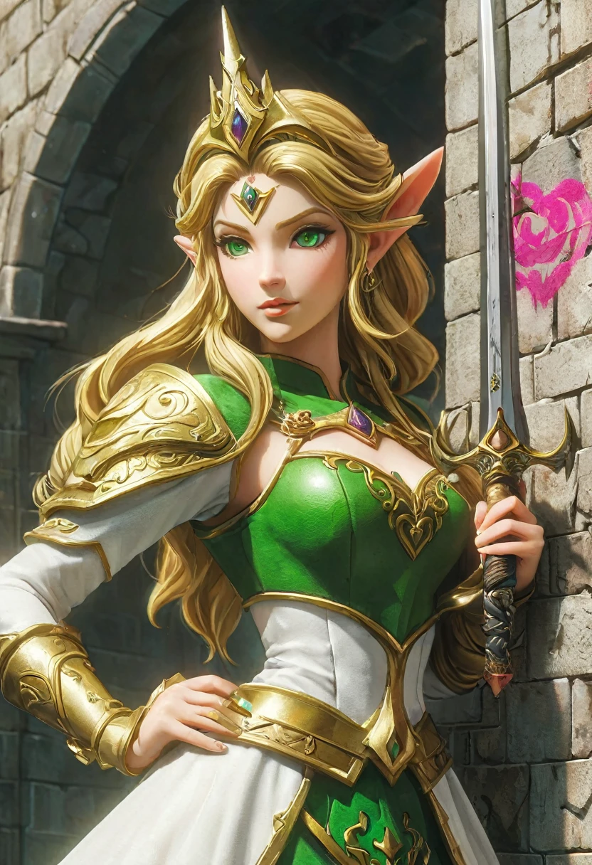 a graffiti art paint of Princess Zelda on the wall of a castle, ,Princess Zelda (intense details, Masterpiece, best quality: 1.5), ultra detailed face, ultra feminine, fair skin, exquisite beauty, gold hair, long hair, wavy hair, small pointed ears, dynamic eyes color, wearing heavy green and white armor, shinning metal, armed with elven sword, ais-graffiti, chumbasket art style