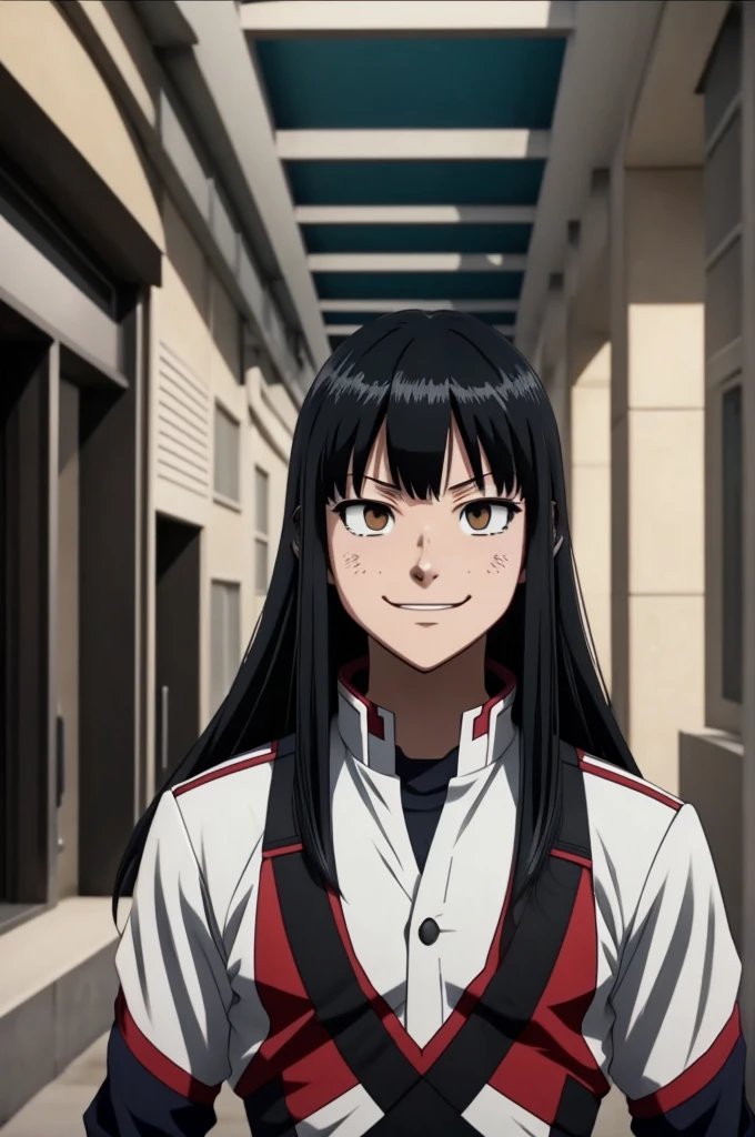 Screenshot of my hero academia.
Girl with long straight black hair with straight bangs, He has black eyes without light and has a happy expression