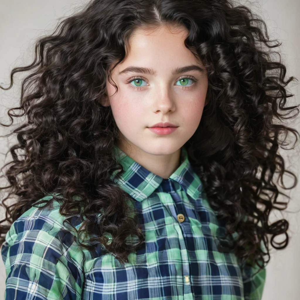 create a cartoon image of a 13 year old green eyed smart girl with curly brown hair and a few freckles she has abook in her hand