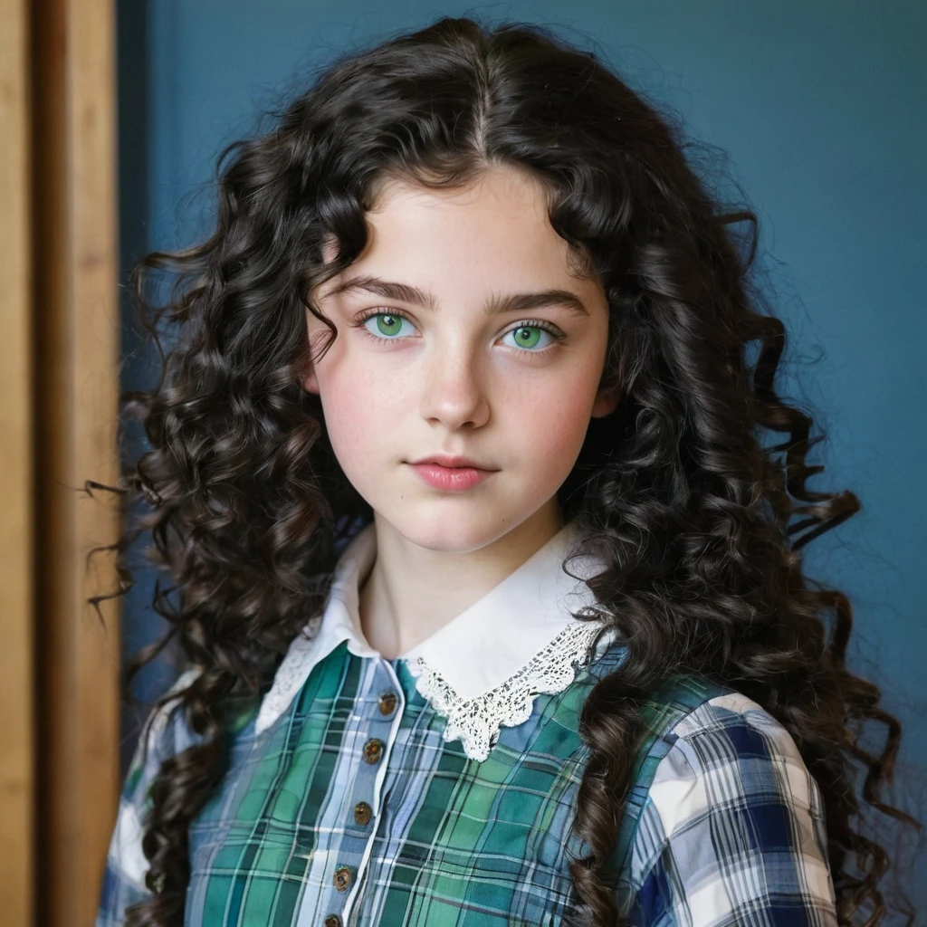 -yeld brsh girl, white skin, light green eyes and big curly black hair to the waist, wearing a blue plaid dress and a white long-sleeved blouse. Oval face.