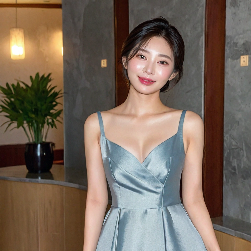 beautiful korean girl , 32 inch chest size, Your eyes are big and pretty. standing in the hotel lobby . short medium hair, A dress that completely covers the chest, laugh, uhd