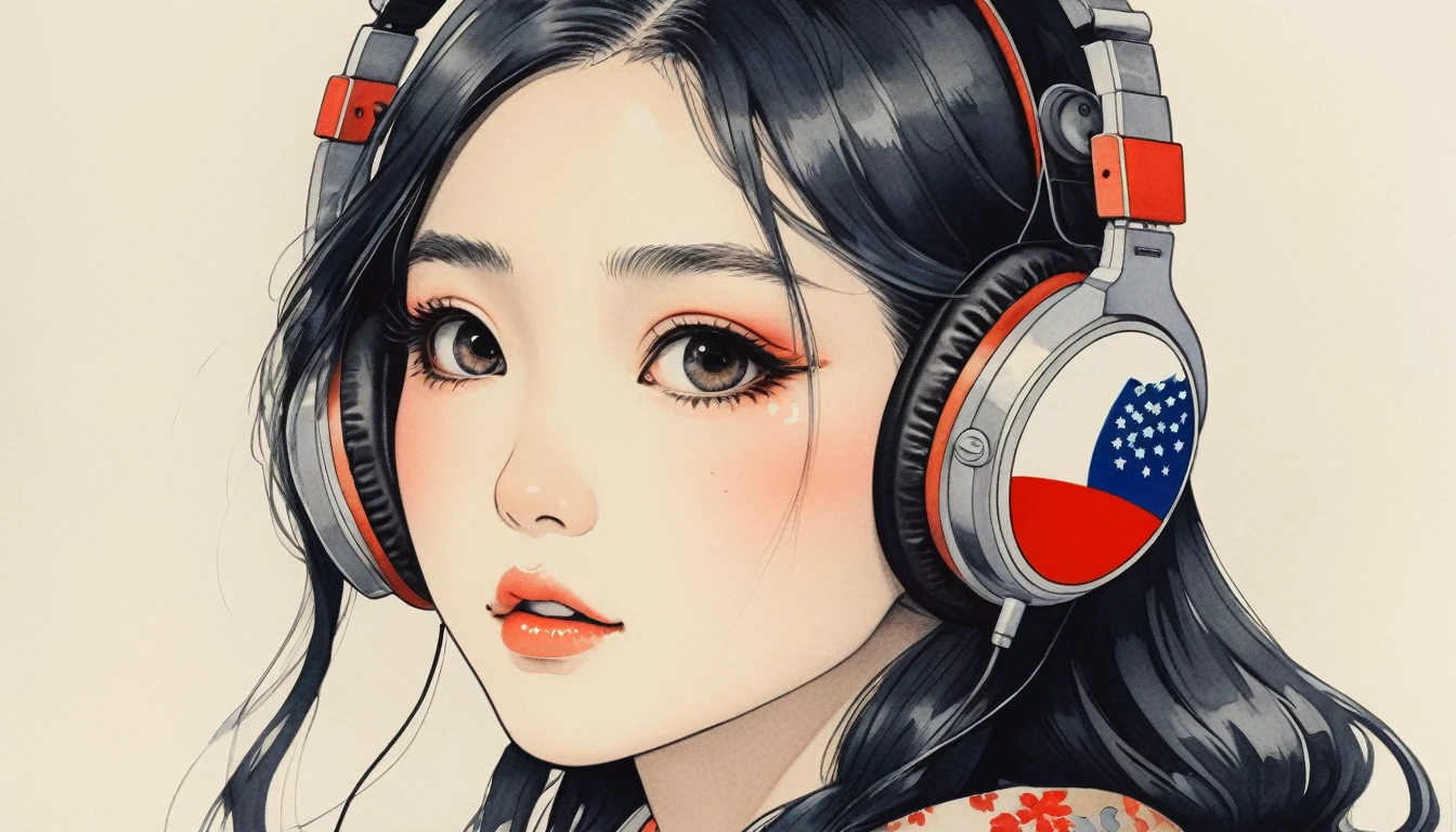 (((Crazy Anime))), Highest quality, Katsushika Hokusai, Ink Painting, beautiful girl, Japanese style headphones, Delicate and precise, Modern ukiyo-e style, long hair, Japanese flag