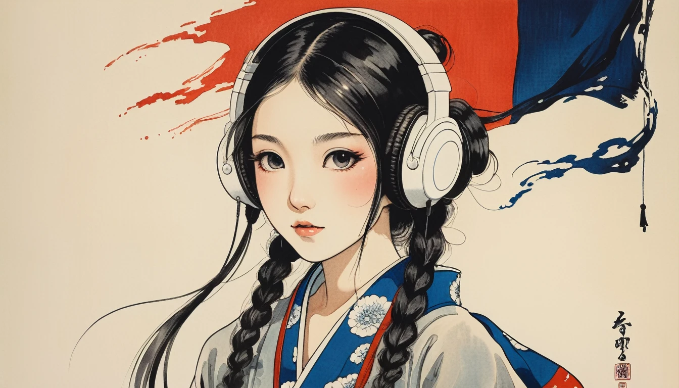 (((Crazy Anime))), Highest quality, Katsushika Hokusai, Ink Painting, beautiful girl, Japanese style headphones, Delicate and precise, Modern ukiyo-e style, long hair, Japanese flag