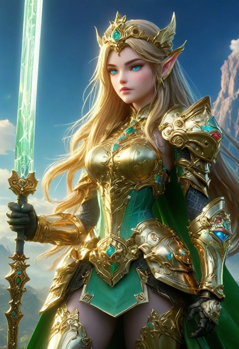 high details, best quality, 16k, [ultra detailed], masterpiece, best quality, (extremely detailed), full body, ultra wide shot, photorealistic, , fantasy art, dnd art, rpg art, realistic art, a wide angle, (((anatomically correct))) a wallpaper of an Princess Zelda, ready for battle with her mount (intense details, Masterpiece, best quality: 1.5),Princess Zelda (intense details, Masterpiece, best quality: 1.5), ultra detailed face, ultra feminine, fair skin, exquisite beauty, gold hair, long hair, wavy hair, small pointed ears, dynamic eyes color, wearing heavy mech armor, shinning metal, armed with elven sword, green meadows, blue skies background and some clouds background depth of field (intricate details, Masterpiece, best quality: 1.5), full body (intricate details, Masterpiece, best quality: 1.5), high details, best quality, highres, ultra wide angle, Mechanical Creatures