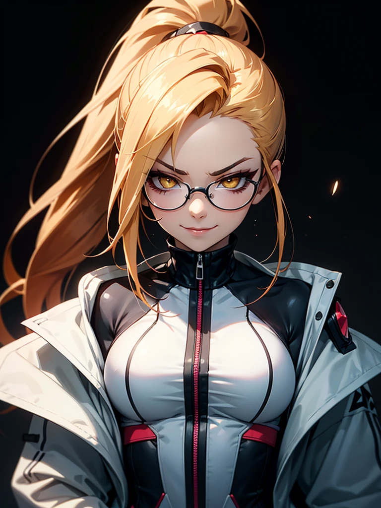 ((Portrait Photo)), She has a Cute and Playful Childish Appearance, with a Slim-yet Toned Build and Fair Skin. She Expresses an Assertive and Smug Look, Giving Off a Mischievous Glint and a Playful Smirk. She has a Striking Yellow Eyes, and Her Hair is Long, Dark Red and Tousled, styled in a High Ponytail with Spiky Strands Falling Over Her Forehead. She Wears a Tight-Fitting White Jumpsuit, Accompanied by an Oversized Jacket and Glasses. ((Portrait Photo, HDR, Dark Background))