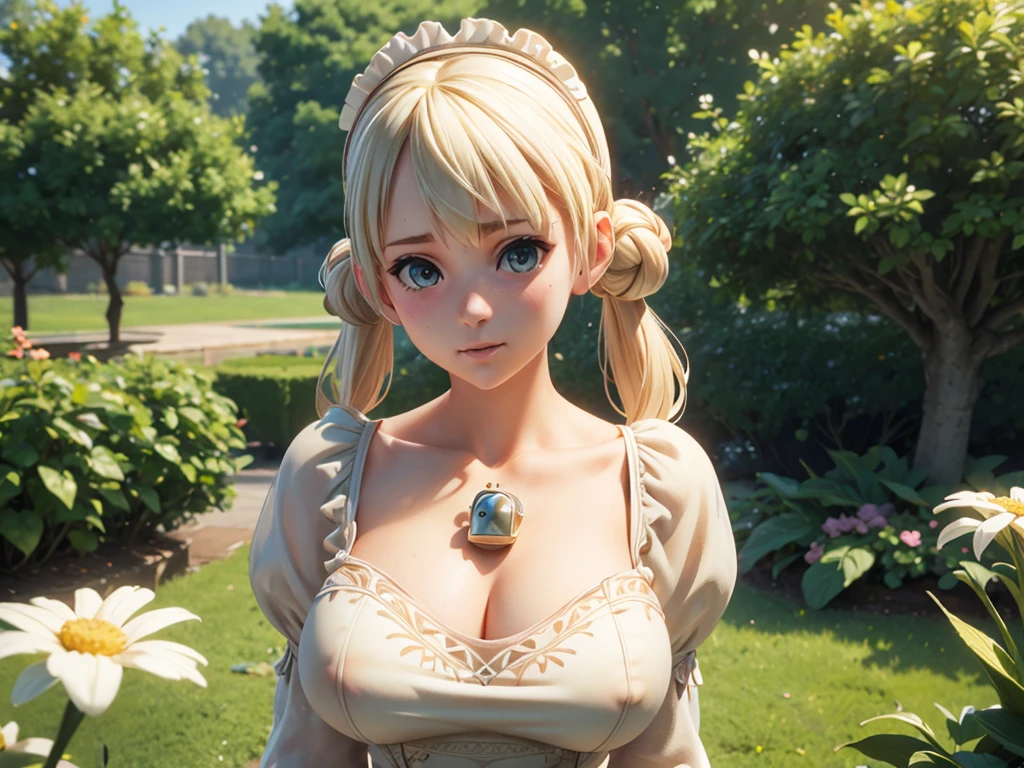 adorable girl, face, Fiona belli hounting ground, Blonde hair, Double buns, (( dress maid))), Selfie, standing, upper body, Looking at viewer, Garden, (high saturation:1.0), (extremely detailed skin), (best quality:1.0), (ultra highres:1.0) ,(photo realistic:1.0), (ultra detailed:1.0), (8k, RAW photo:1.1),(see-through:1),(looking at viewer:1), (breast, cleavage), ((Natural big massive tits nude)), Blonde hair,