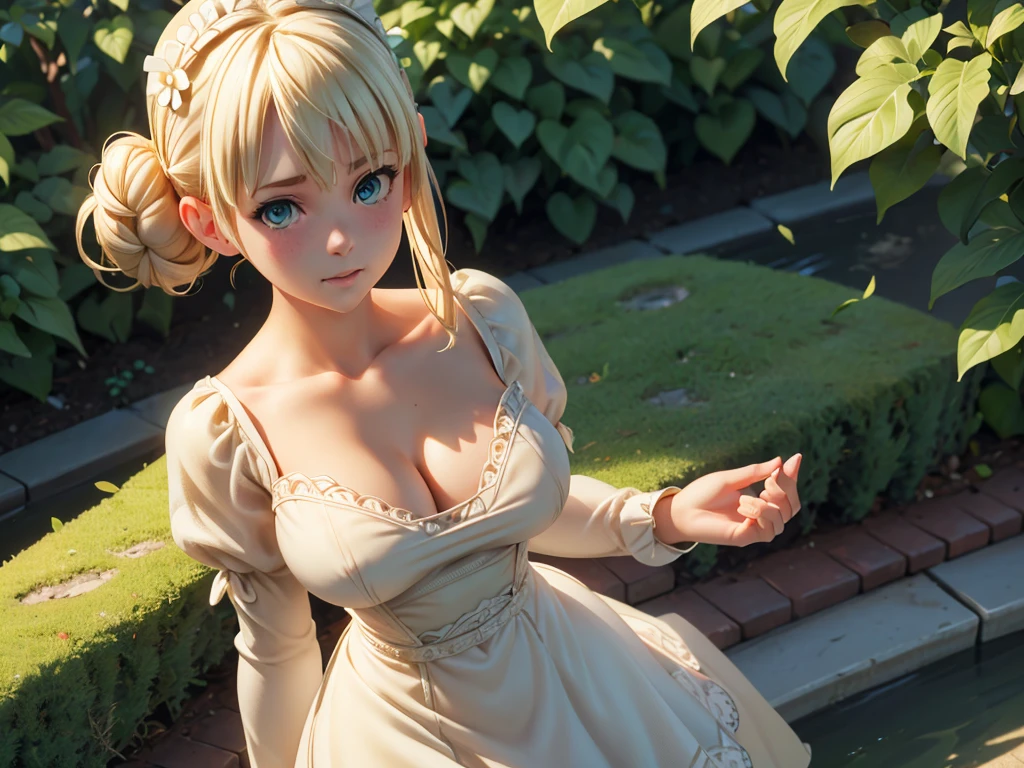 adorable girl, face, Fiona belli hounting ground, Blonde hair, Double buns, (( dress maid))), Selfie, standing, upper body, Looking at viewer, Garden, (high saturation:1.0), (extremely detailed skin), (best quality:1.0), (ultra highres:1.0) ,(photo realistic:1.0), (ultra detailed:1.0), (8k, RAW photo:1.1),(see-through:1),(looking at viewer:1), (breast, cleavage), ((Natural big massive tits nude)), Blonde hair,