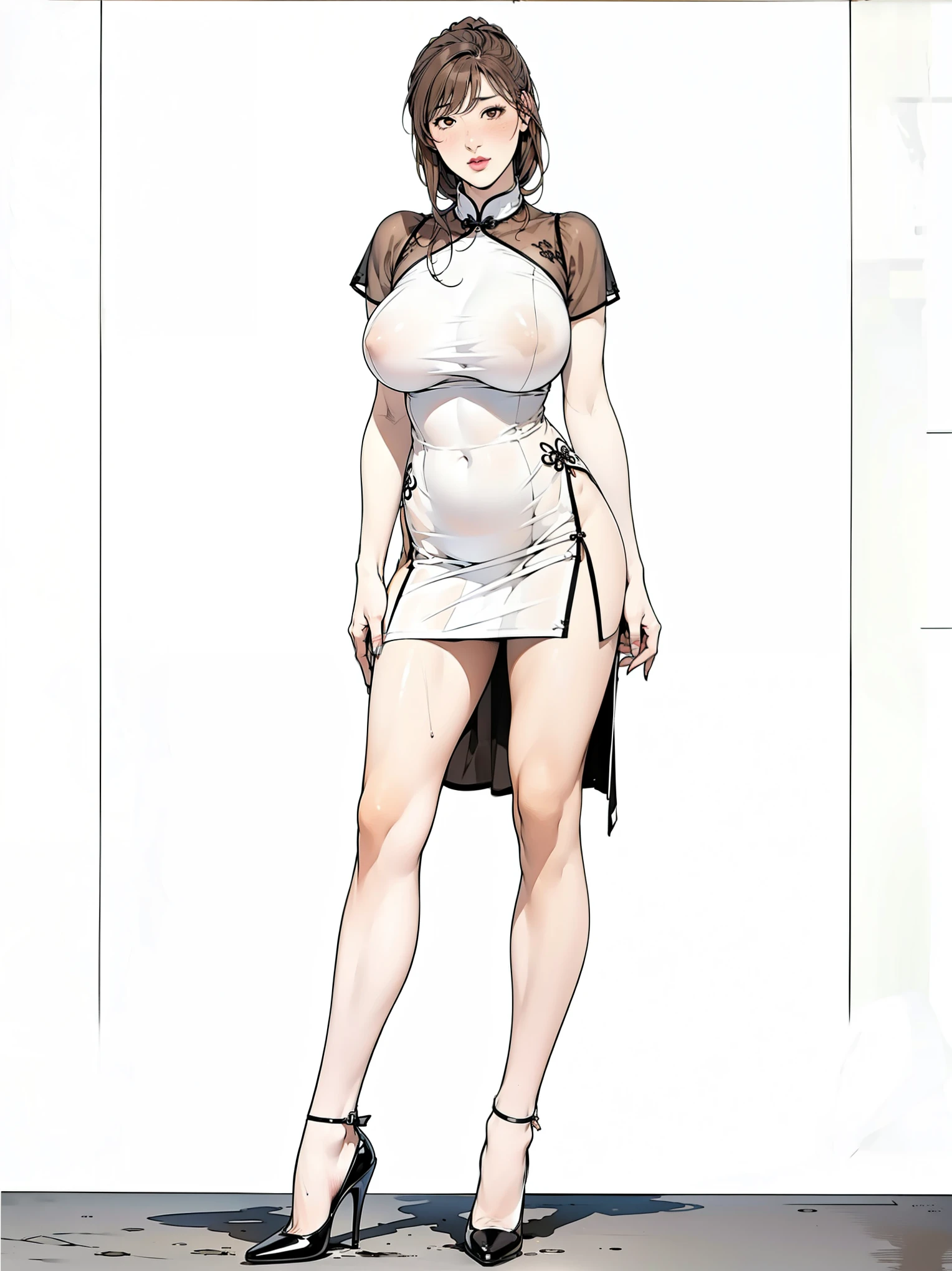 (masterpiece, Highest quality:1.2), One Girl, alone, whole body, Big Breasts,, Brown Hair,Big Breasts, Brown eyes, Mature Woman, blush, , she is standing on the street,whole body, Brown Hair, lipstick, China dress,Big slit, White skin, ((Wear black high heels)),