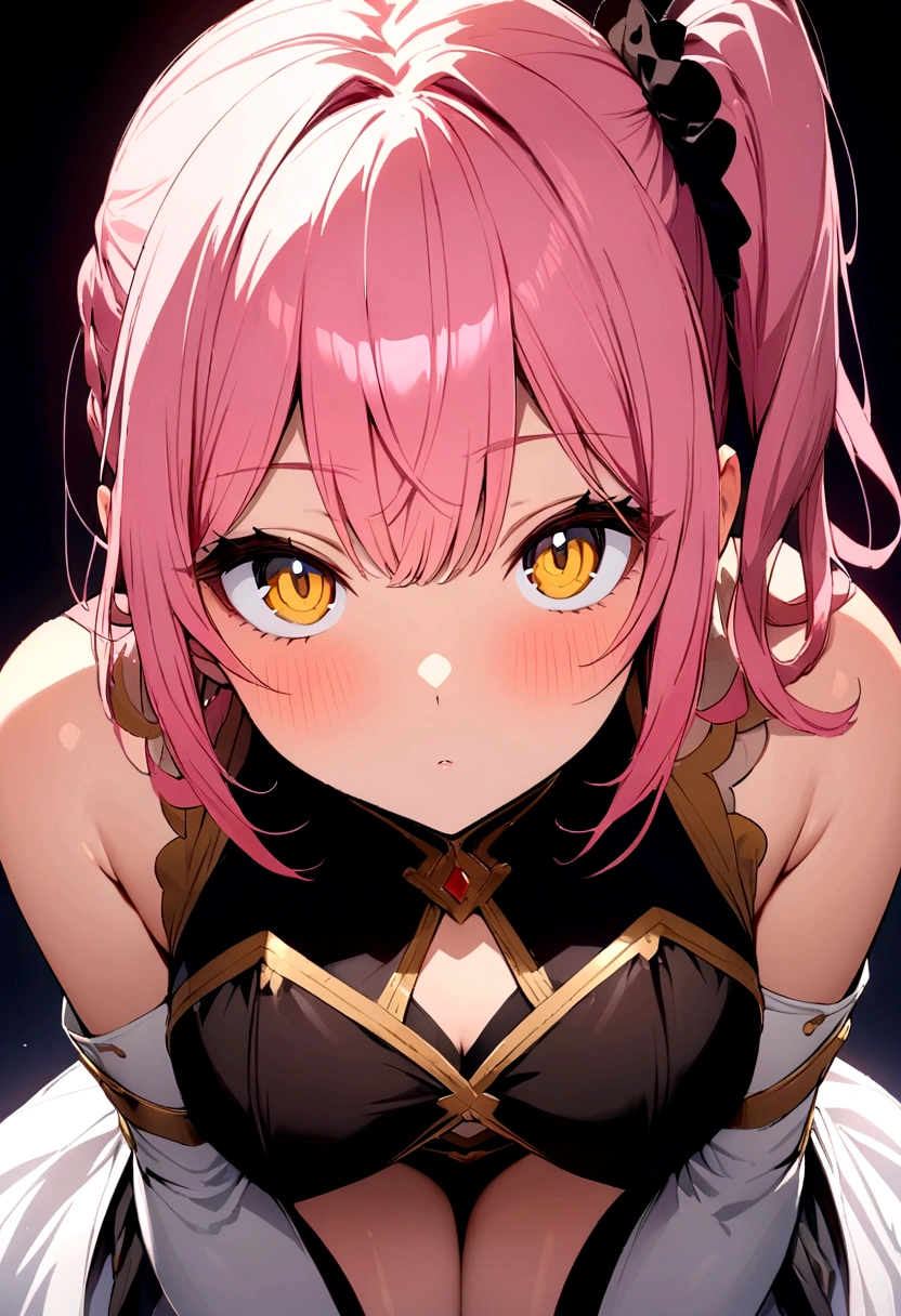Masterpiece, anime girl, solo, looking at viewer, pink hair, gold eyes, one side ponytail hair