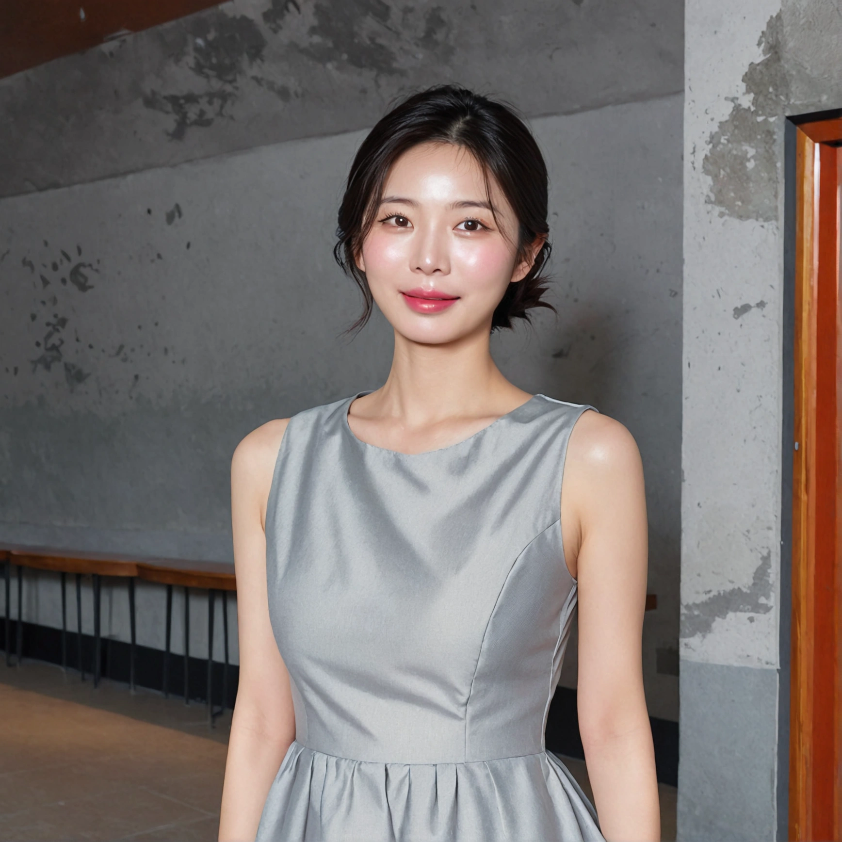 beautiful korean girl , 32 inch chest size, Your eyes are big and pretty. standing in the hotel lobby . short medium hair, A dress that completely covers the chest, laugh, uhd