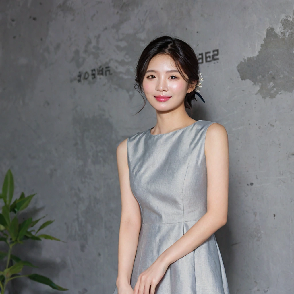 beautiful korean girl , 32 inch chest size, Your eyes are big and pretty. standing in the hotel lobby . short medium hair, A dress that completely covers the chest, laugh, uhd