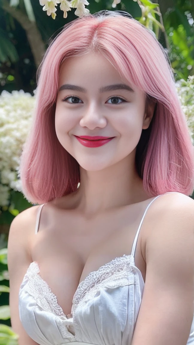 Masterpiece, Beautiful, Indonesian Baby Face, 20 Years Old, red lipstick, sensual Lipstick, Sensational Make up, make up artist, Colossal Chest, White Skin, Pose, Cleavage, White Maid Outfit, Blue Eye, Muscles:1.3, Outdoor, Bokeh:1.3, pink Hair, Adorable, Smiling
