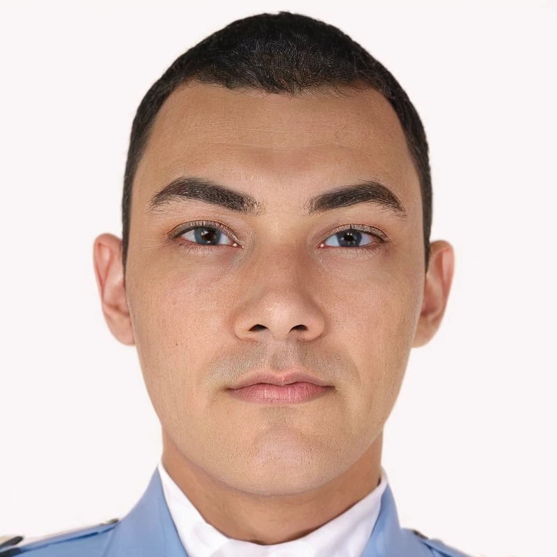 Caricature 3D real cartoon style of a man wearing a light blue uniform with white collar, short black hair, oval face, thick straight eyebrows, almond-shaped eyes, medium-sized straight nose, and neutral lips. The uniform has a name tag on the left chest, a wing-shaped badge on the right chest, and rank insignia on both shoulders. The background is red, drawn in 3D cartoon style.