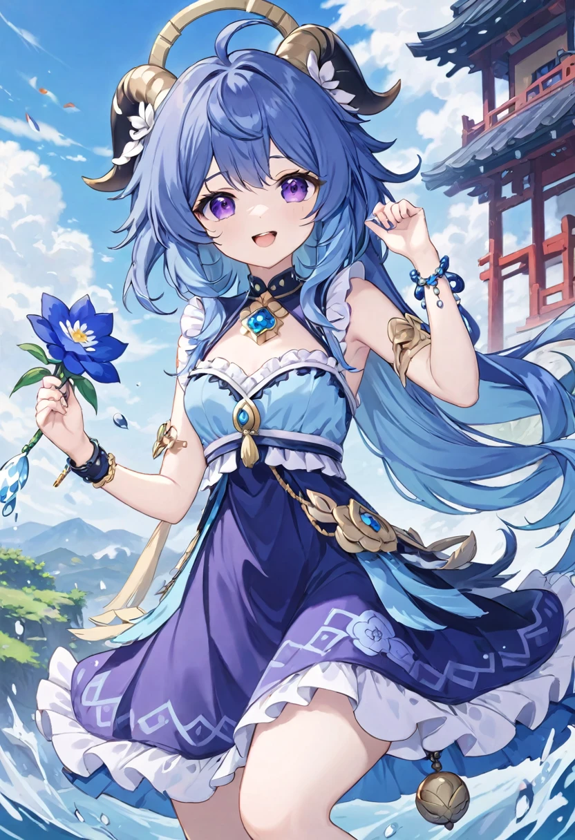 Super detailed,(Highest quality),((masterpiece)),(High resolution),original,Highly detailed 8k wallpaper,(Very delicate and beautiful),
anime,
\\,
Break 1 Girl, alone, Hired (Genshin Impact), flower, dress, Long Hair, bangs, Blue Hair, horn, Bell, Outdoor, Purple eyes, Ahoge, Raise the hand, smile, View your viewers, bracelet, Alternative costume, jewelry, Open your mouth, neck Bell, null, No sleeve, frilled dress, blue null, No sleeve dress, Manicure, Frills, vision (Genshin Impact), cloud, Day, chest, water, blue dress, Side Lock, Hair between the eyes, Tassel, Blue Claws, Are standing, goat horn, Underarm, blue flower, :d, choker, sundress
BREAK
white background,