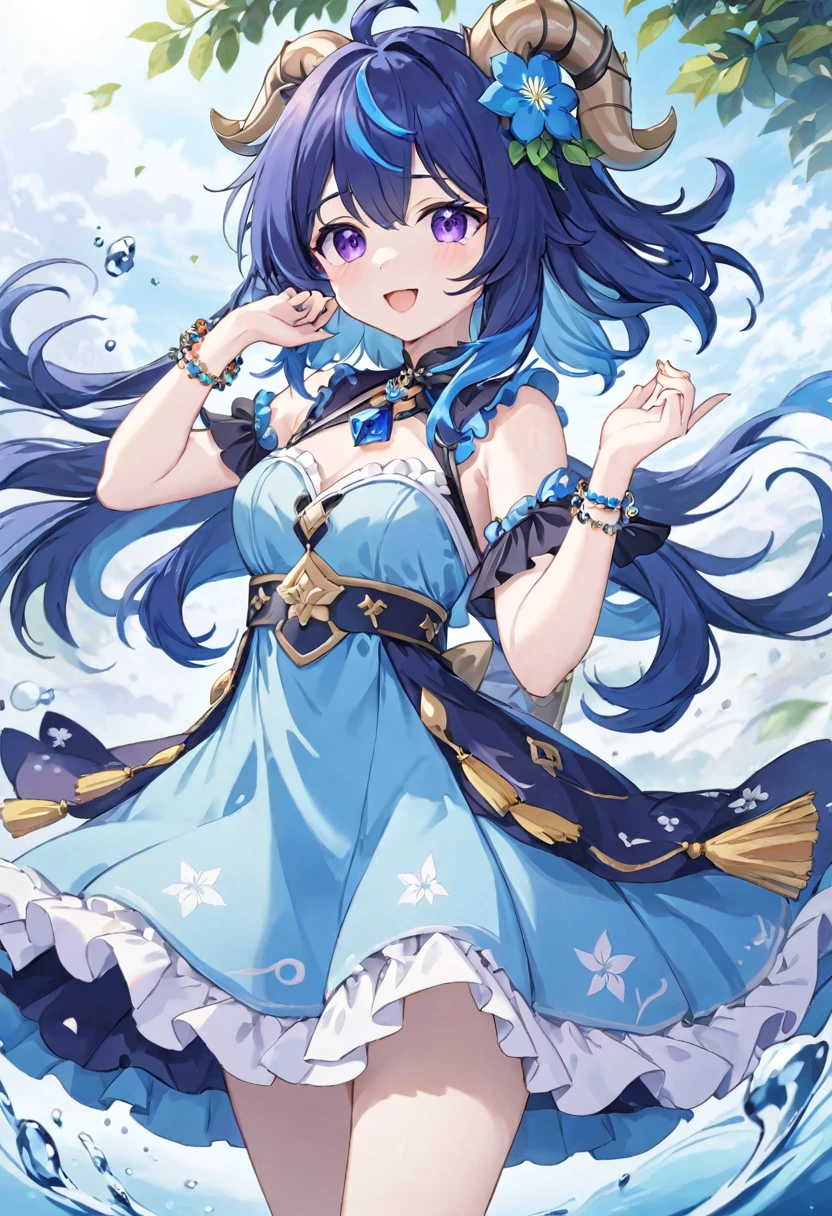 Super detailed,(Highest quality),((masterpiece)),(High resolution),original,Highly detailed 8k wallpaper,(Very delicate and beautiful),
anime,
\\,
Break 1 Girl, alone, Hired (Genshin Impact), flower, dress, Long Hair, bangs, Blue Hair, horn, Bell, Outdoor, Purple eyes, Ahoge, Raise the hand, smile, View your viewers, bracelet, Alternative costume, jewelry, Open your mouth, neck Bell, null, No sleeve, frilled dress, blue null, No sleeve dress, Manicure, Frills, vision (Genshin Impact), cloud, Day, chest, water, blue dress, Side Lock, Hair between the eyes, Tassel, Blue Claws, Are standing, goat horn, Underarm, blue flower, :d, choker, sundress
BREAK
white background,