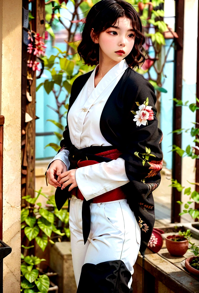 Kimono with white pants and shirt and black belt at the waist