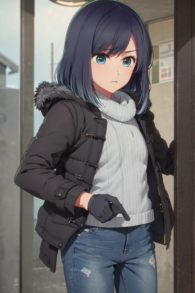 girl, duffel coat, jeans, winter storm, angry, black gloves