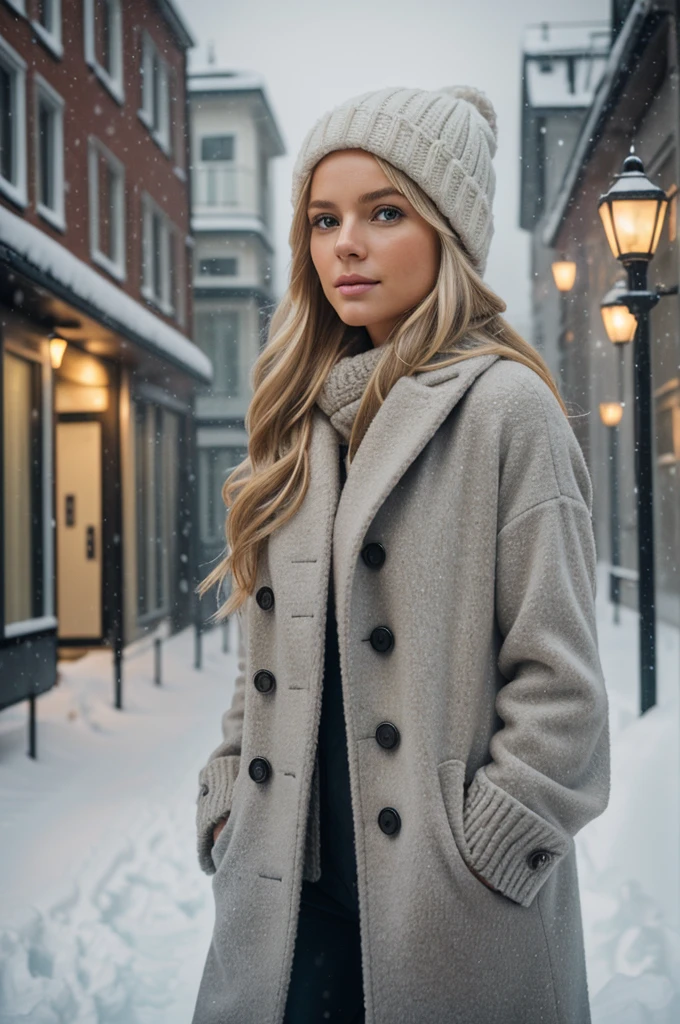 proFessional portrait photograph oF a gorgeous Norwegian girl in winter clothing with long wavy blonde hair, sultry Flirty look, gorgeous symmetrical Face, sweet natural makeup, wearing elegant warm winter Fashion clothing, ((standing outside in a snowy city street)), stunning modern urban environment, ultra realist, conceptual art, elegant, muito detalhado, complicated, sharp Focus, depth oF Field, F/1. 8, 85mm, Medium shot, Medium shot, (((proFessionally color graded))), bright soFt diFFused light, (Volumetric fog), Trending on Instagram, hdr 4k, 8K