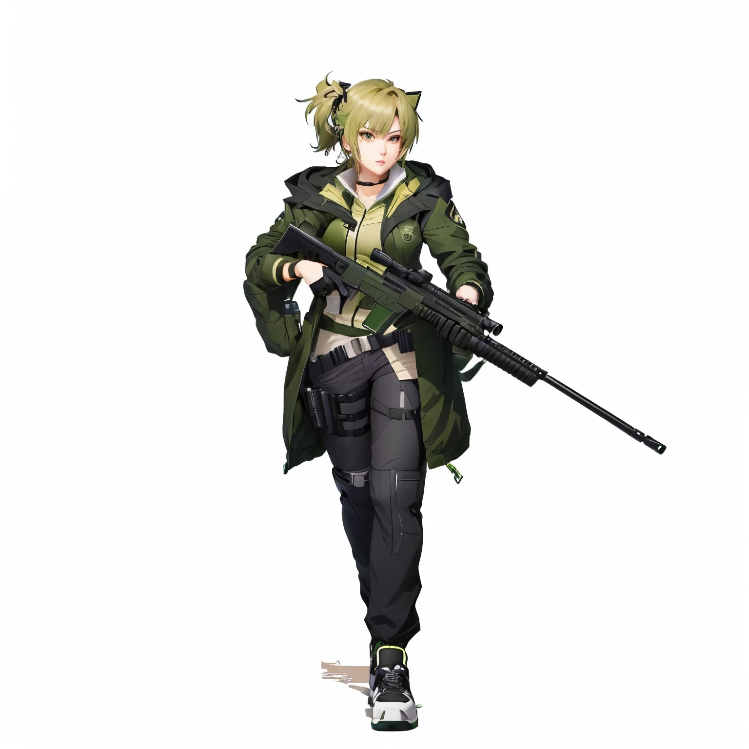 Woman holding a gun and a green jacket, single character full body, call anime style, Makoto shinka, with a rifle, full body single character, full body! shoot, full_body!!, full body character, Makoto, fullbody shoot, Visual Novel Sprite, 2 days CG, full body!, gunman, main character, !!full body portrait!!