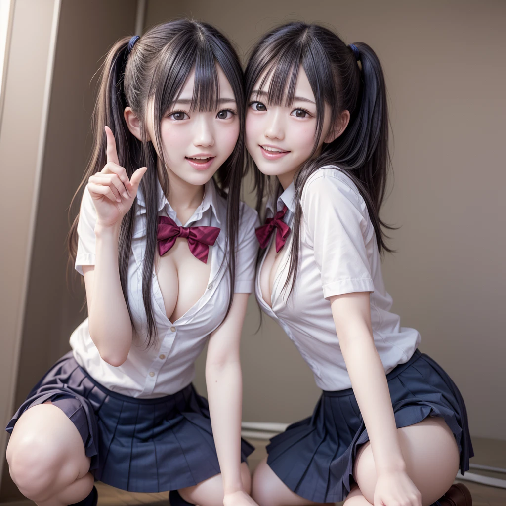 1 girl, So cute, Great face and eyes, (Beautiful lovely smile), (Very detailedな美しい顔), bright shining lips, Keep staring at me, so beautiful, (school uniform:1.3), Open chest、Cleavage、Big Breasts、(highest quality:1.4), (super high quality), (Very detailed), (surreal, Photorealistic:1.37), Real skin texture, 8K wallpapers incorporating highly detailed CG, RAW Photos, Professional photos, Cinema Lighting,Back view、turn around、Dark blue skirt、loafers、、Knee-high socks、Crossed leg pose、Skirt-Lift Flared Skirt 、Big Laugh Put Index Finger on Mouth、 High Ponytail、 Heart pose、Show Panties、sexly、Blowjob、squat、Tentacles、Tentacles姦、See-through、Soaking wet、Licking each other、