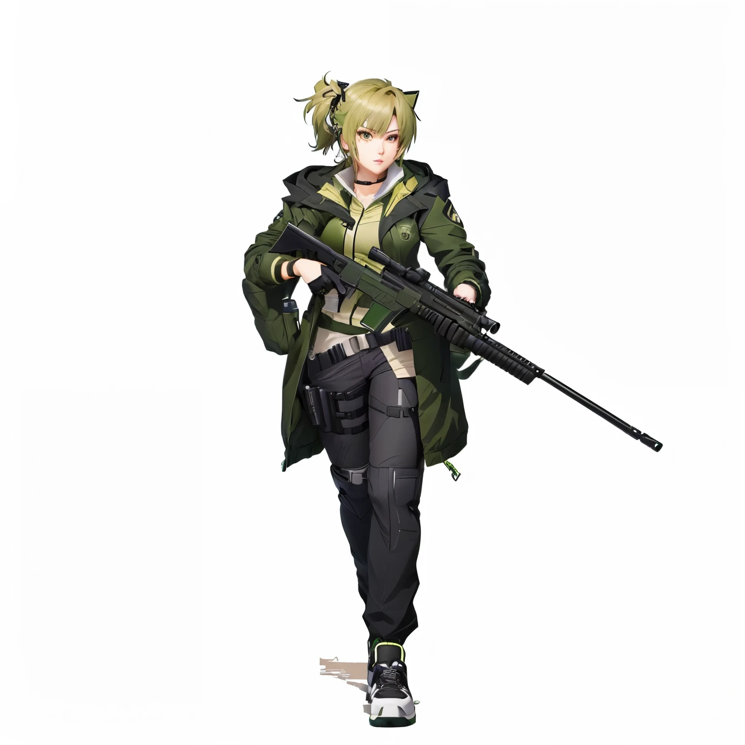 Woman holding a gun and a green jacket, single character full body, call anime style, Makoto shinka, with a rifle, full body single character, full body! shoot, full_body!!, full body character, Makoto, fullbody shoot, Visual Novel Sprite, 2 days CG, full body!, gunman, main character, !!full body portrait!!
