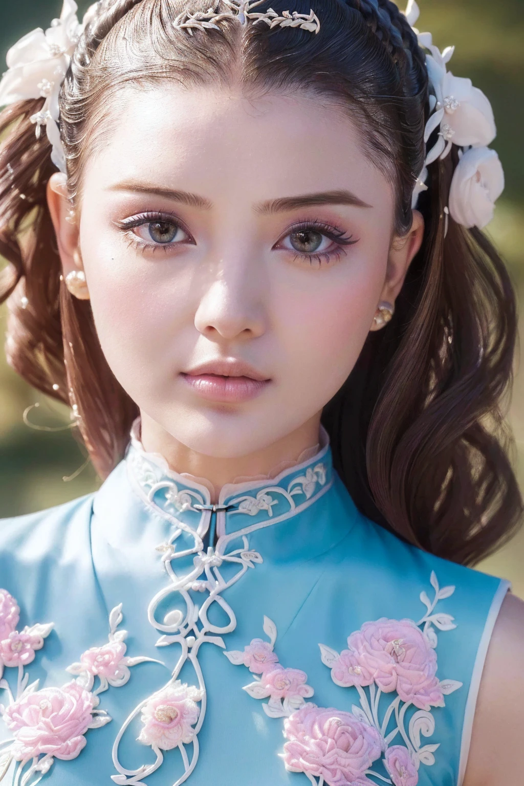 ((absurd quality,16k,highres,masterpiece:1.2), ultra details:1.3),UHD,(realism,photorealistic), (1woman:1.3 22-year-old), ((the most absurd quality perfect eyes:1.15), brown_eyes), BREAK,. ((Fujicolor、daytime soft lighting)、fashion supermodel、((curly heban hair (slicked to the two side) Intricately detailed:1.35)),. BREAK, (pink_makeup:1.25),. BREAK, ((Classic and sexy (white) cheongsam)、Detailed blue decoration:1.25)),. (Fitted clothing:1.3)、dynamic pose、((close-up of her face:1.35)), (no decorations in the hair), (dark shot:1.2),
