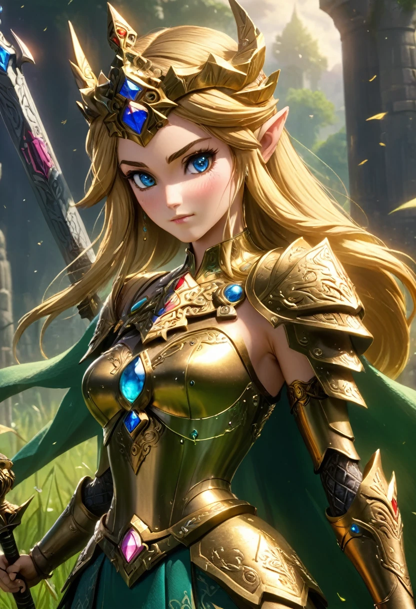 high details, best quality, 16k, [ultra detailed], masterpiece, best quality, (extremely detailed), full body, ultra wide shot, photorealistic, , fantasy art, dnd art, rpg art, realistic art, a wide angle, (((anatomically correct))) a wallpaper of an Princess Zelda, ready for battle with her mount (intense details, Masterpiece, best quality: 1.5),Princess Zelda (intense details, Masterpiece, best quality: 1.5), ultra detailed face, ultra feminine, fair skin, exquisite beauty, gold hair, long hair, wavy hair, small pointed ears, dynamic eyes color, wearing heavy mech armor, shinning metal, armed with elven sword, green meadows, blue skies background and some clouds background depth of field (intricate details, Masterpiece, best quality: 1.5), full body (intricate details, Masterpiece, best quality: 1.5), high details, best quality, highres, ultra wide angle, Mechanical Creatures