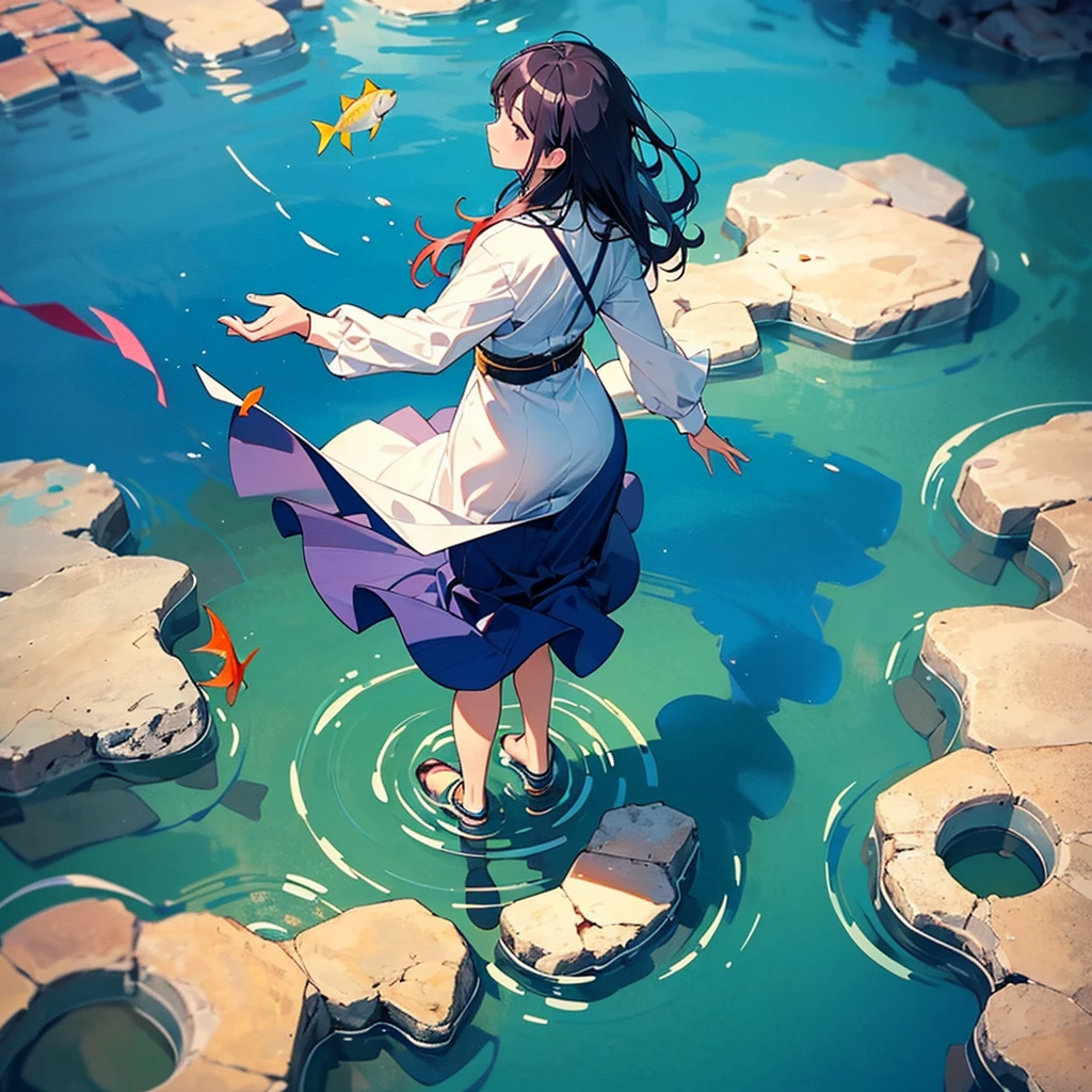 Woman walking on calm water, ((from above:1.5)), From above, Overlooking、Dancing Woman、Fish in the water
