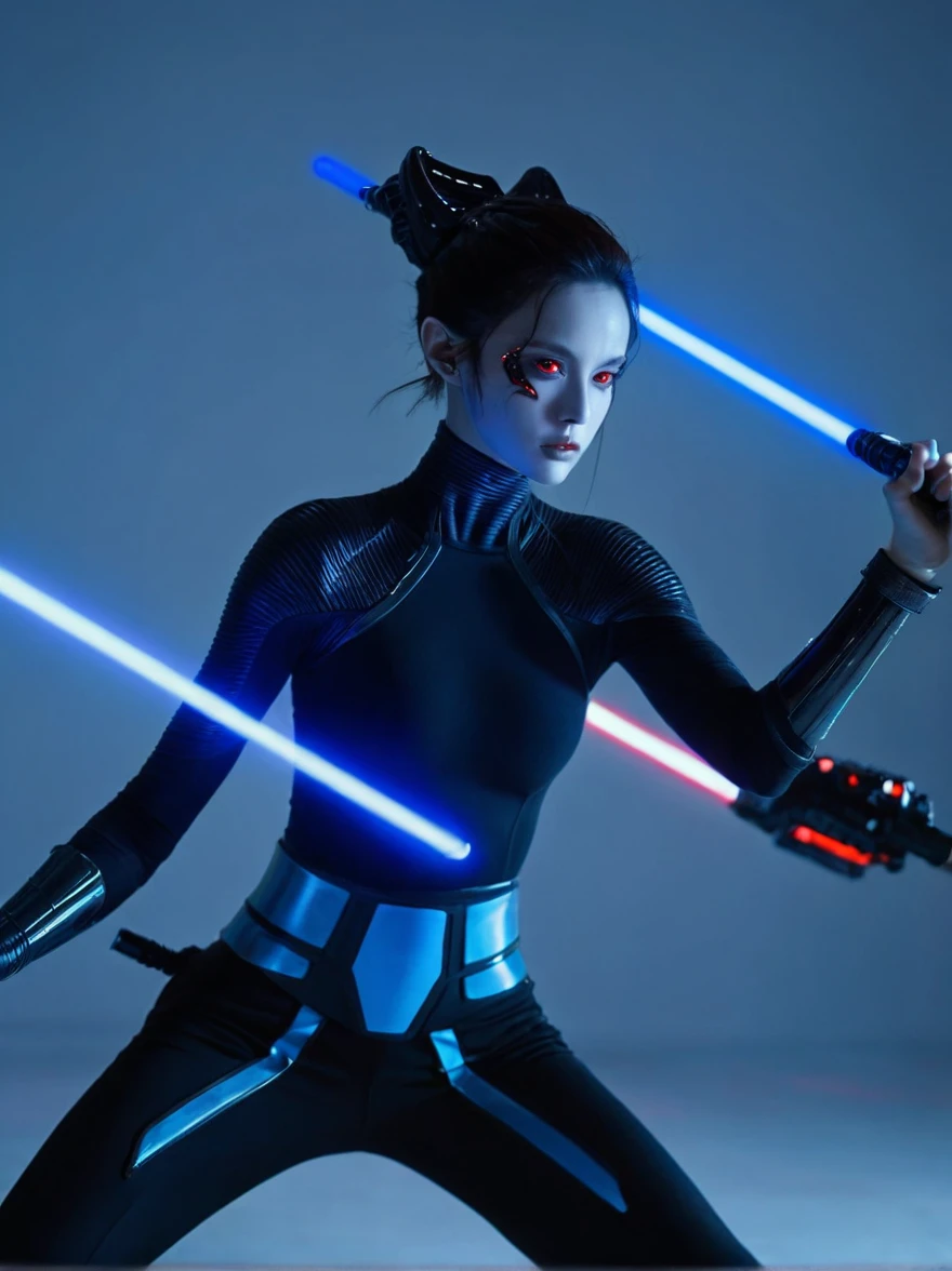 (Weird looking female alien:1.4), Red eyes, open mouth, sharp teeth, Mucus, aesthetic physique, (Strange looking alien), Fighting Stance, lightsaber in hand，Artistic photos, 8K, looking at camera, Light background, Nice face, Blue skin，Large Breasts。