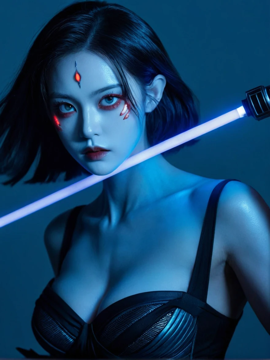 (Weird looking female alien:1.4), Red eyes, open mouth, sharp teeth, Mucus, aesthetic physique, (Strange looking alien), Fighting Stance, lightsaber in hand，Artistic photos, 8K, looking at camera, Light background, Nice face, Blue skin，Large Breasts。