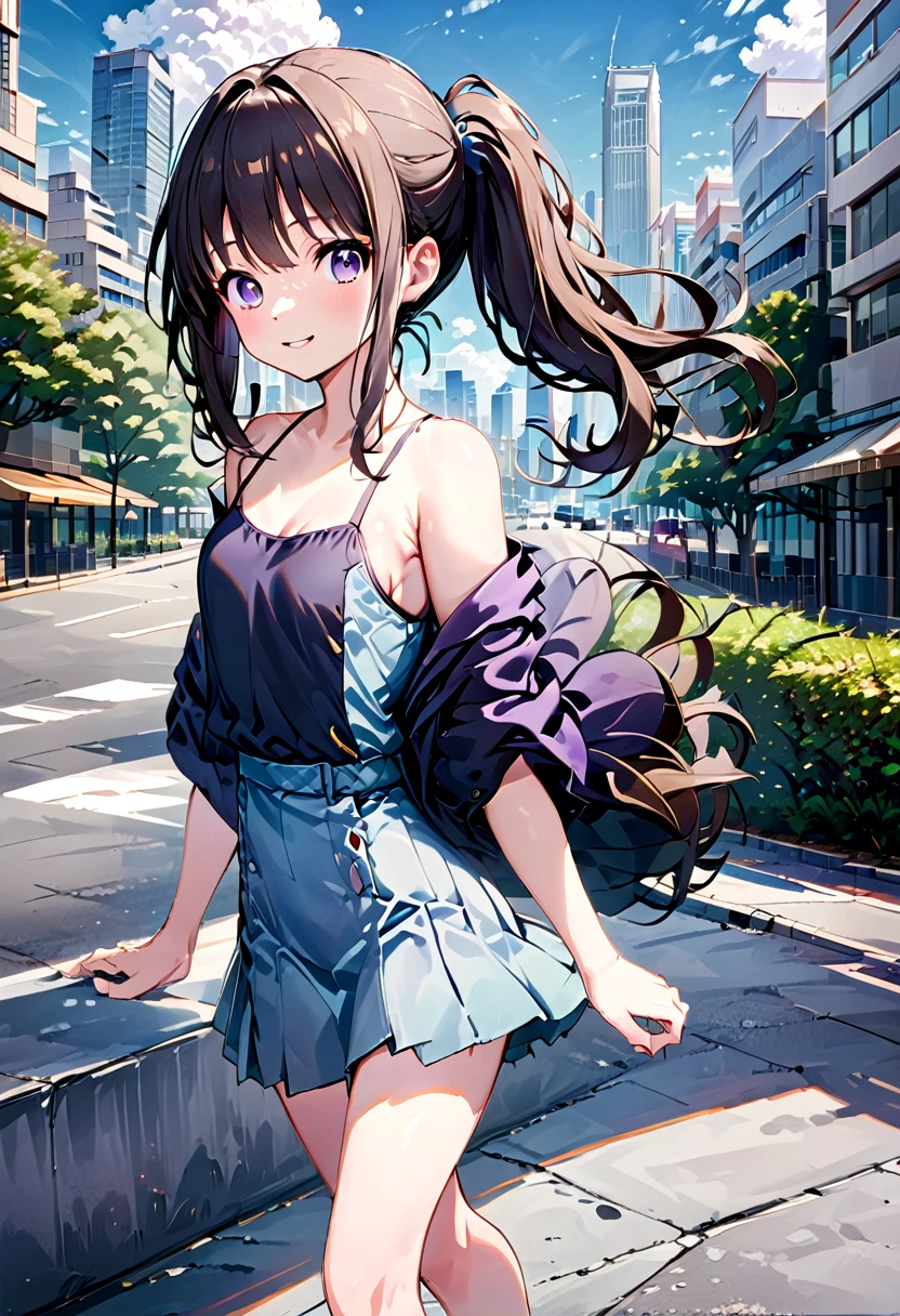 realistic anime illustration of a pretty black long hair young woman, (inoue takina, purple eyes) ,side ponytail, smiling, walking on Singapore street, Merlion scenery, {she wearing black denim jacket, lavender tanktop, light-blue denim pencil mini skirt, silver heel sandals}