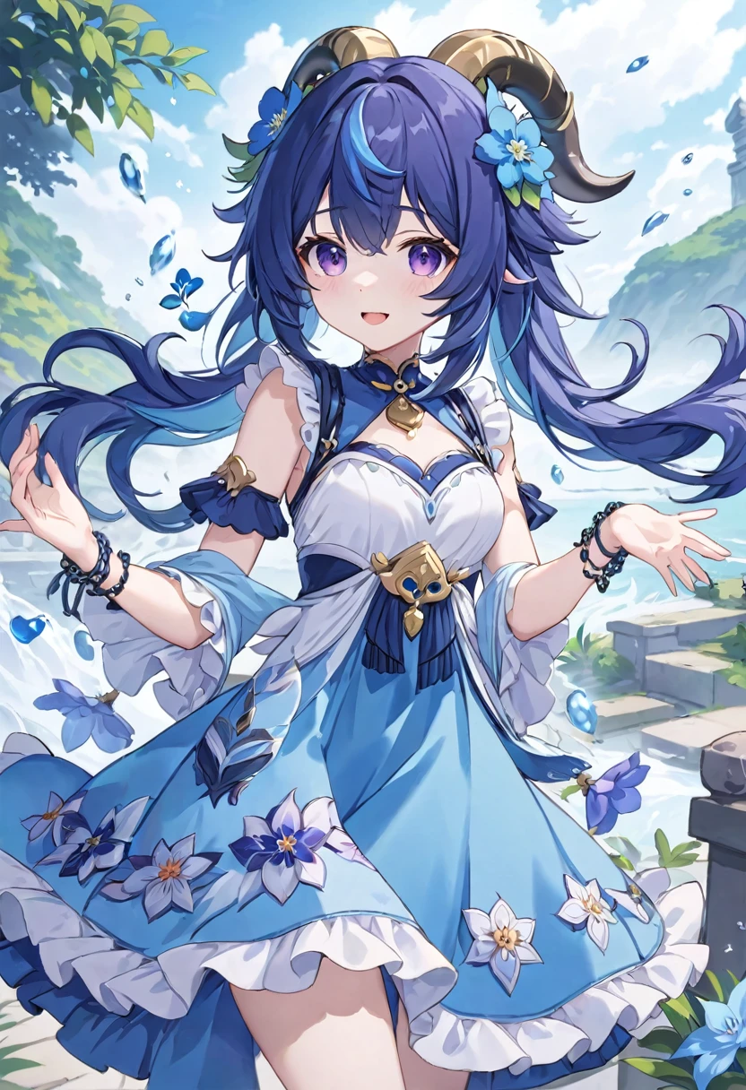 Super detailed,(Highest quality),((masterpiece)),(High resolution),original,Highly detailed 8k wallpaper,(Very delicate and beautiful),
anime,
\\,
Break 1 Girl, alone, Hired (Genshin Impact), flower, dress, Long Hair, bangs, Blue Hair, horn, Bell, Outdoor, Purple eyes, Ahoge, Raise the hand, smile, View your viewers, bracelet, Alternative costume, jewelry, Open your mouth, neck Bell, null, No sleeve, frilled dress, blue null, No sleeve dress, Manicure, Frills, vision (Genshin Impact), cloud, Day, chest, water, blue dress, Side Lock, Hair between the eyes, Tassel, Blue Claws, Are standing, goat horn, Underarm, blue flower, :d, choker, sundress
BREAK
white background,
