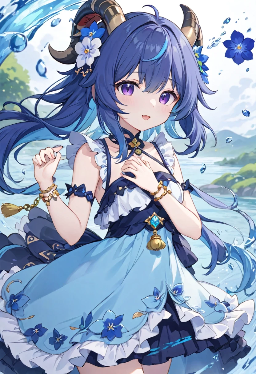 Super detailed,(Highest quality),((masterpiece)),(High resolution),original,Highly detailed 8k wallpaper,(Very delicate and beautiful),
anime,
\\,
Break 1 Girl, alone, Hired (Genshin Impact), flower, dress, Long Hair, bangs, Blue Hair, horn, Bell, Outdoor, Purple eyes, Ahoge, Raise the hand, smile, View your viewers, bracelet, Alternative costume, jewelry, Open your mouth, neck Bell, null, No sleeve, frilled dress, blue null, No sleeve dress, Manicure, Frills, vision (Genshin Impact), cloud, Day, chest, water, blue dress, Side Lock, Hair between the eyes, Tassel, Blue Claws, Are standing, goat horn, Underarm, blue flower, :d, choker, sundress
BREAK
white background,
