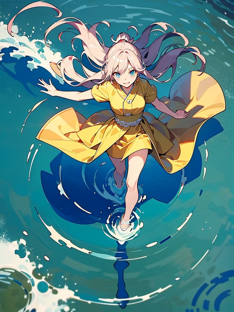 Woman walking on calm water, ((from above:1.5)), From above, Overlooking、Dancing Woman、Bottom Fish