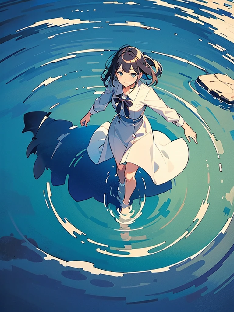 Woman walking on calm water, ((from above:1.5)), From above, Overlooking、Dancing Woman、Bottom Fish