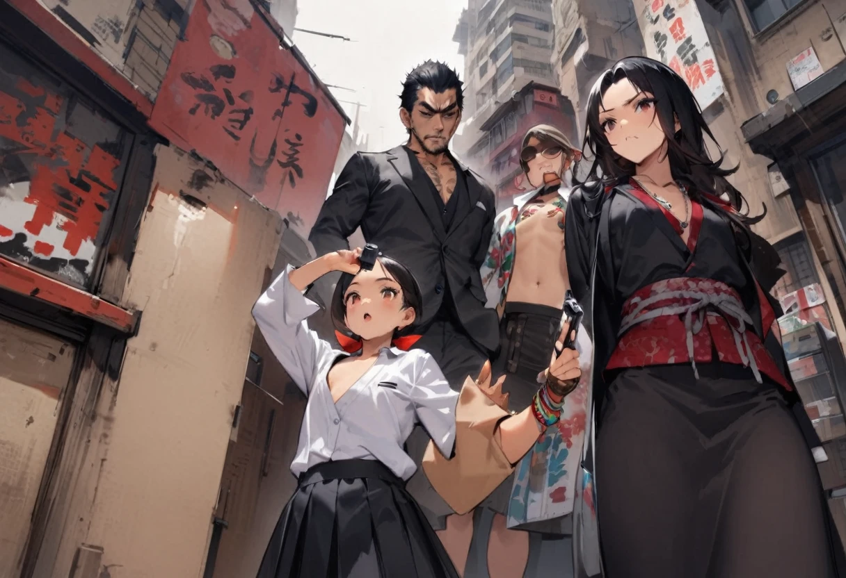 from directly below、Cute female yakuza、Holding a handgun、Looking down on、mini skirt、tattoo、Girl、Girl、Short、Younger、Lower 、Baby Face、f、Yakuza Office、Yakuza、building、background、Dynamic Angle、masterpiece、best quality、ultra-detail、Japanese Mafia、Yakuza hideout、gang、Boss's Room、Thug's Room、Boss's Daughter、Clothing、cool、Cold eyes、Angry
