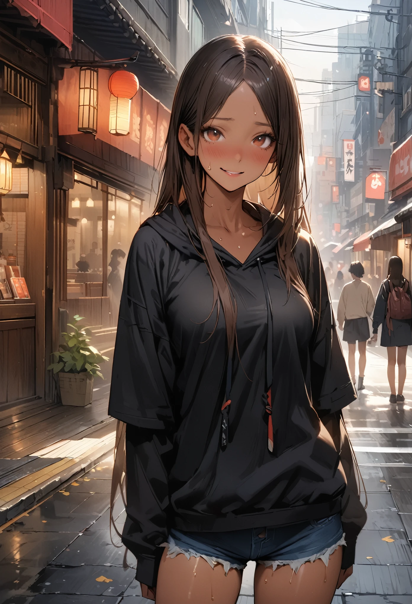 ((masterpiece,Highest quality:1.3,best quality illustration,realistic)),cowboy shot,独奏,1woman,(20-year-old、Japanese Beauty)、brown hair,long hair,center parted bangs,brown eyes,gorgeous eyes,((very small head:1.3)),shy,smile,((very long body:1.2,skinny)),medium breasts,(tan skin:1.4), (gleaming skin,toned body,slender body),sweat,(black oversized hoodie,denim micro shorts),standing,on street,.Tokyo、