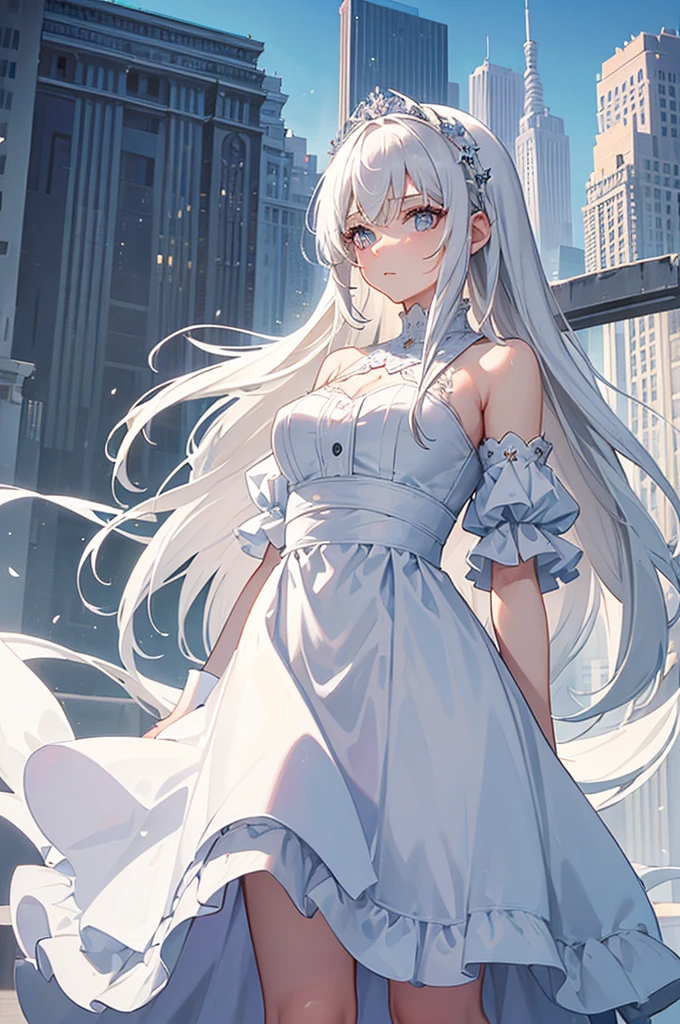 ((best quality)), ((masterpiece)), (detailed), perfect face
Create a picture of the back of a girl with thick long white hair that goes down to her knees wearing a white dress as she stares off into the city skyscrapers from the top of a building