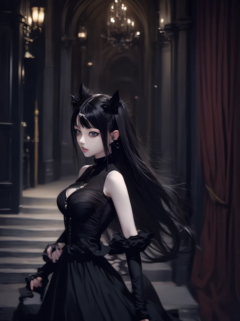 a 1 7 - year - old anime goth girl, pale goth beauty, she is wearing a black dress, black hair with bangs, wearing a gothic dress,