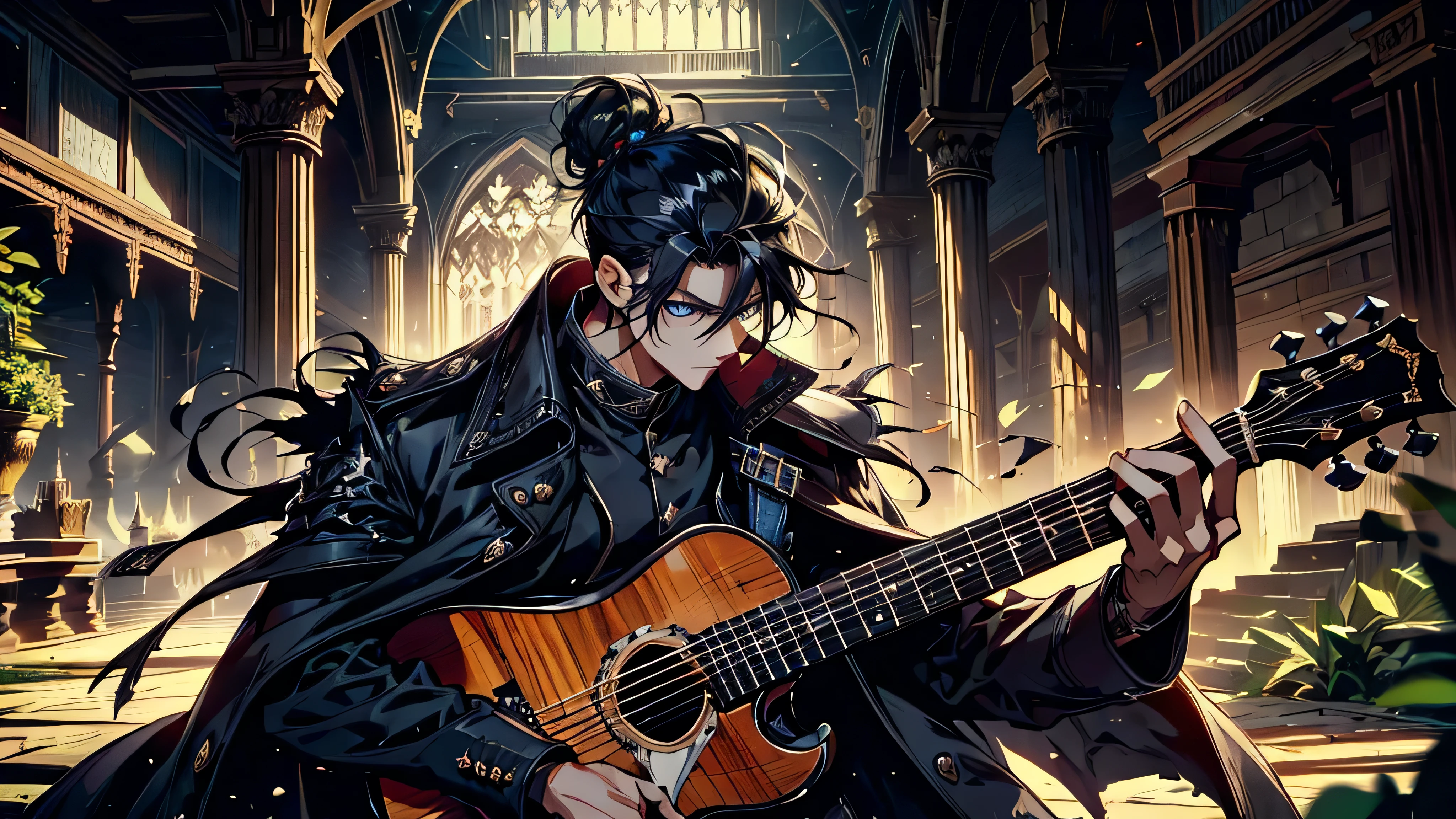"best quality , High quality , The best details ,Portrait of a passionate guitarist,father,black knight armor,((black long coat)), ((all black)), (blue eyes) ,Short Black Quiff Hair with Soft Fringe, Black hair tied in a low bun, shaved on the sides, turned to the left of center.((black long coat)), ((all black)), (blue eyes) ,Short Black Quiff Hair with Soft Fringe, Black hair tied in a low bun, shaved on the sides, turned to the left of center. ในห้องนอน,A place where sunlight shines through , Create a play of light and shadow.. Guitarist holding a wooden guitar, inside the room, striking black shirt. Mesmerizing performance moments, Musicians immerse themselves in music.,beautiful sky,a young man,short hairstyle,(black short hair),handsome, blue eyes, handsome, father,Wear a wedding ring on the finger.