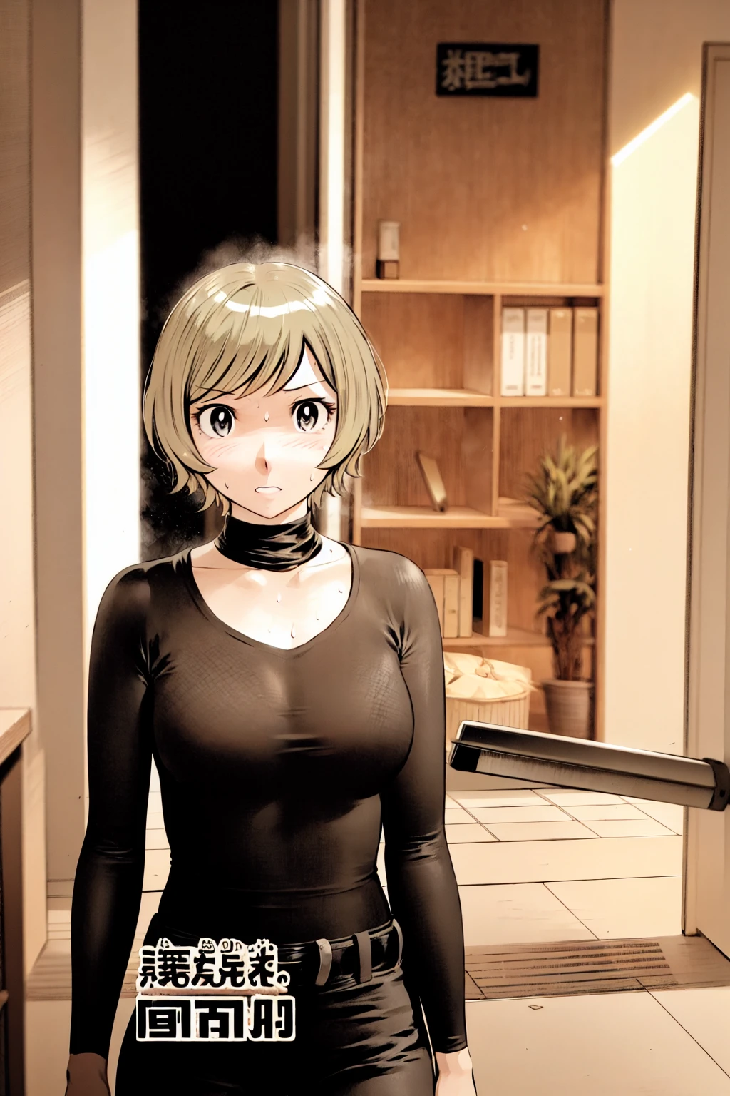 、(masterpiece、Highest quality)、Highest quality, Ultra-high resolution, (((masterpiece))), alone, Sweat、Big eyes,Tight black shirt、??????????? pants、belt、indoor、Composition from the front、(Cut the back hair short、short hair、blonde、woman)、Shortcuts、Embarrassed face、Cut your hair short、可愛いwomanの子、Big Breasts、office