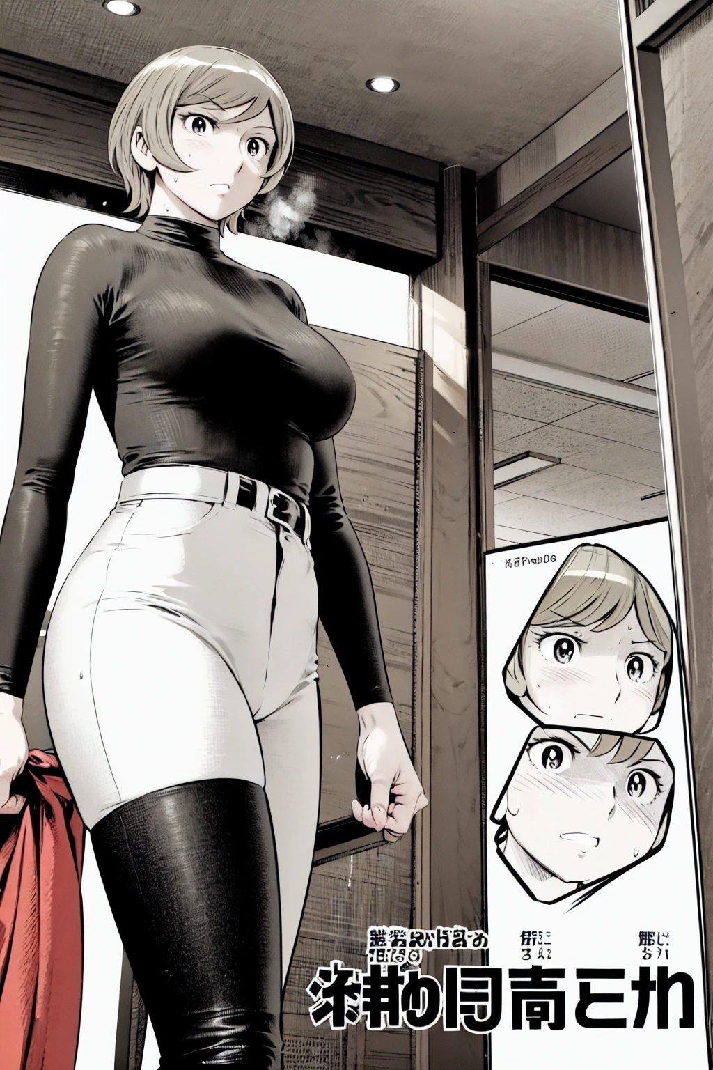 、(masterpiece、Highest quality)、Highest quality, Ultra-high resolution, (((masterpiece))), alone, Sweat、Big eyes,Tight black shirt、??????????? pants、belt、indoor、Composition from the front、(Cut the back hair short、short hair、blonde、woman)、Shortcuts、Embarrassed face、Cut your hair short、可愛いwomanの子、Big Breasts、office