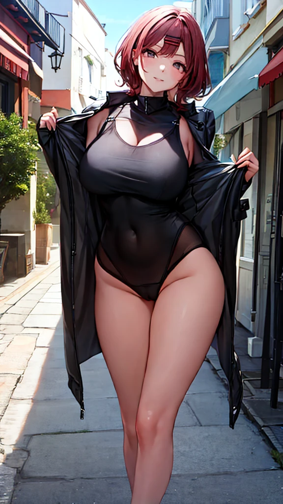 masterpiece, Highest quality, 8K, Young and beautiful girl, smile, Baby Face、(Clothed Huge , Huge breasts lower half is naked), Cute, avert your eyes, Residential Street, Lips parted, No makeup, 10 generations, Detailed face, Background blur、((16 years old))、wholing wariza, Between the legs,Opening his jacket Very thick pubic hair Outdoor