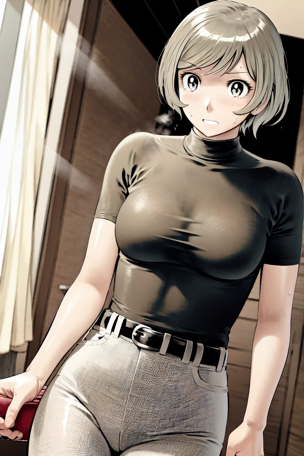 、(masterpiece、Highest quality)、Highest quality, Ultra-high resolution, (((masterpiece))), alone, Sweat、Big eyes,Tight black shirt、Tight white pants、belt、indoor、Composition from the front、（Cut the back hair short、short hair、blonde、woman）、Shortcuts、Embarrassed face、Cut your hair short、可愛いwomanの子、Big Breasts、office