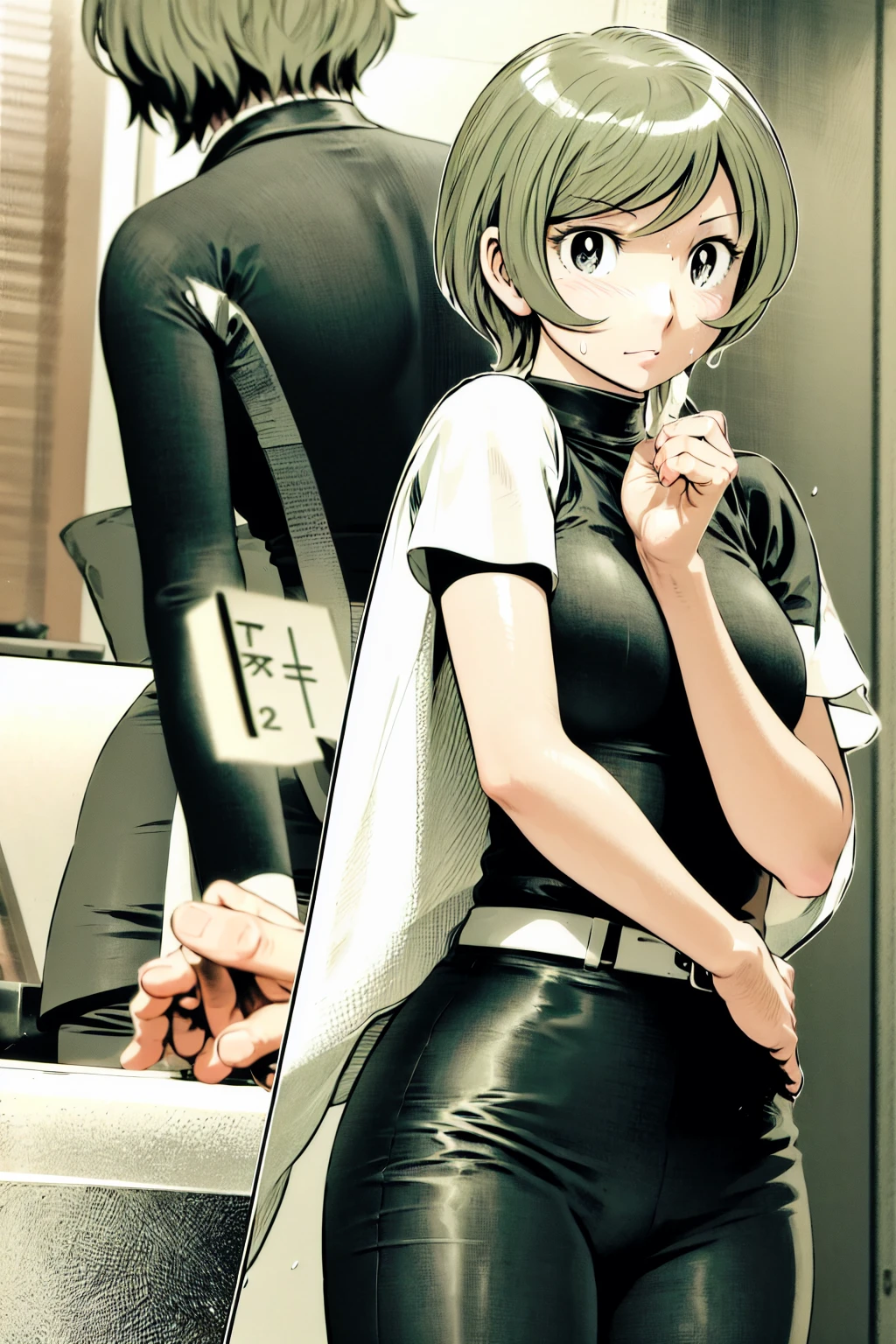 、(masterpiece、Highest quality)、Highest quality, Ultra-high resolution, (((masterpiece))), alone, Sweat、Big eyes,Tight black shirt、Tight white pants、belt、indoor、Composition from the front、(Cut the back hair short、short hair、blonde、woman)、Shortcuts、Embarrassed face、Cut your hair short、可愛いwomanの子、Big Breasts、office