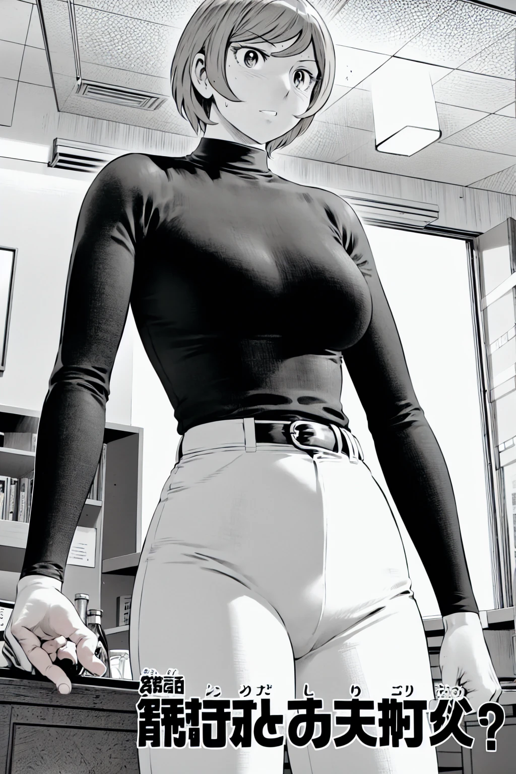 、(masterpiece、Highest quality)、Highest quality, Ultra-high resolution, (((masterpiece))), alone, Sweat、Big eyes,Tight black shirt、Tight white pants、belt、indoor、Composition from the front、(Cut the back hair short、short hair、blonde、woman)、Shortcuts、Embarrassed face、Cut your hair short、可愛いwomanの子、Big Breasts、office