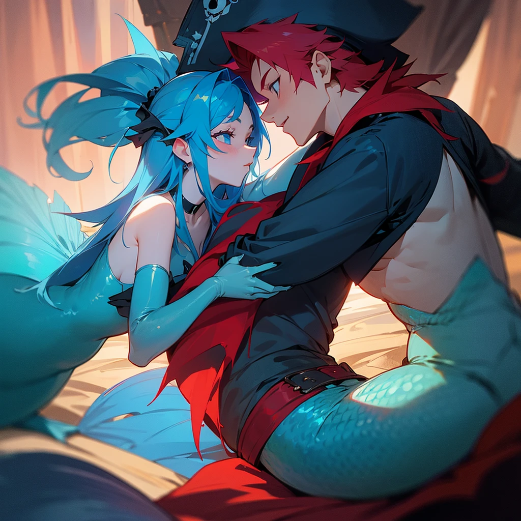 A blue mermaid and a red-haired pirate, looking at each other with love, in a dark setting