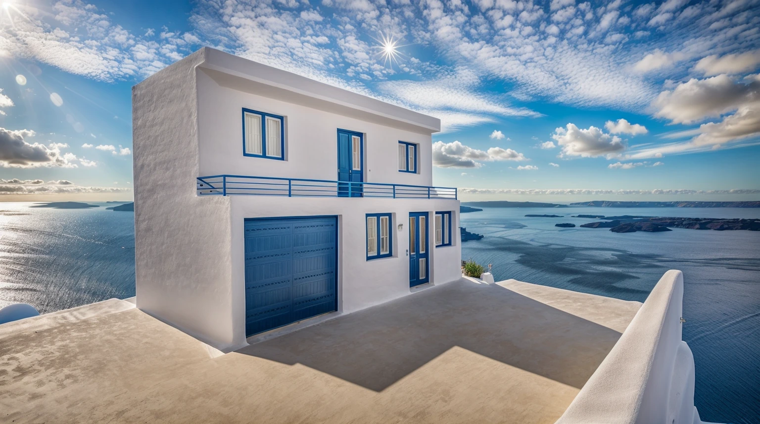 (a house in Santorini style, Townhouse made from gray walls and some walls painted bright blue)), beautiful light, beautiful day, sunny, lovely youthful feeling :1.2, sunny at times 9 am, The shadow is beautiful