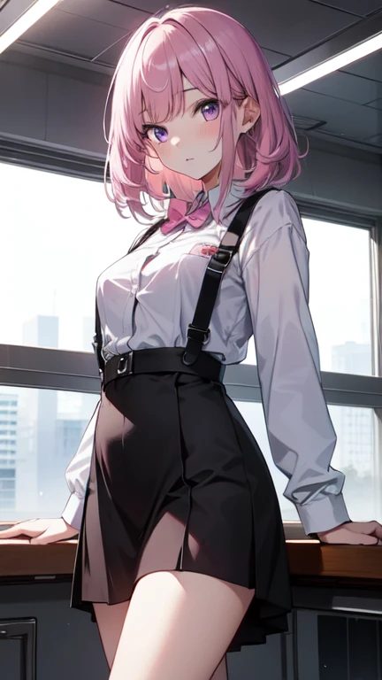 (high resolution, Practical, 4K, Extremely detailed, masterpiece:1.2),1 hermaphrodite girl, , Unisex, Shiny purple eyes, pink medium length hair, student, Charming beauty