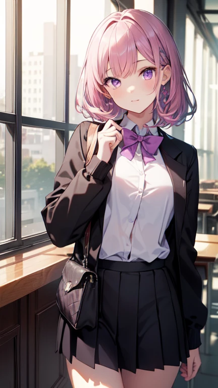 (high resolution, Practical, 4K, Extremely detailed, masterpiece:1.2),1 hermaphrodite girl, , Unisex, Shiny purple eyes, pink medium length hair, student, Charming beauty